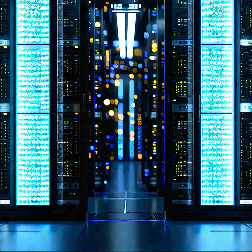 Server Rack With Data Streams With Large, Modern