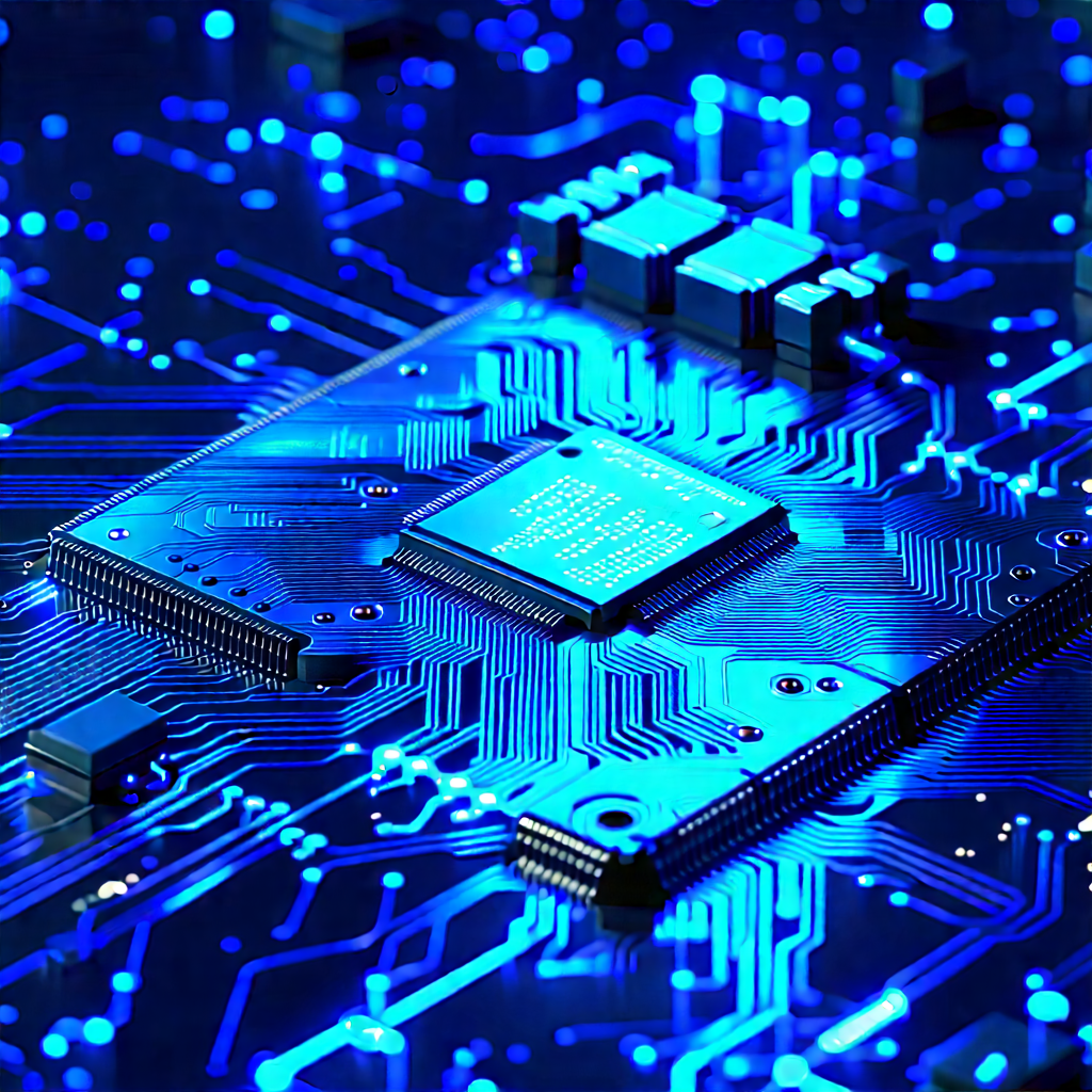 Circuit board with blue light (glow:1.19)