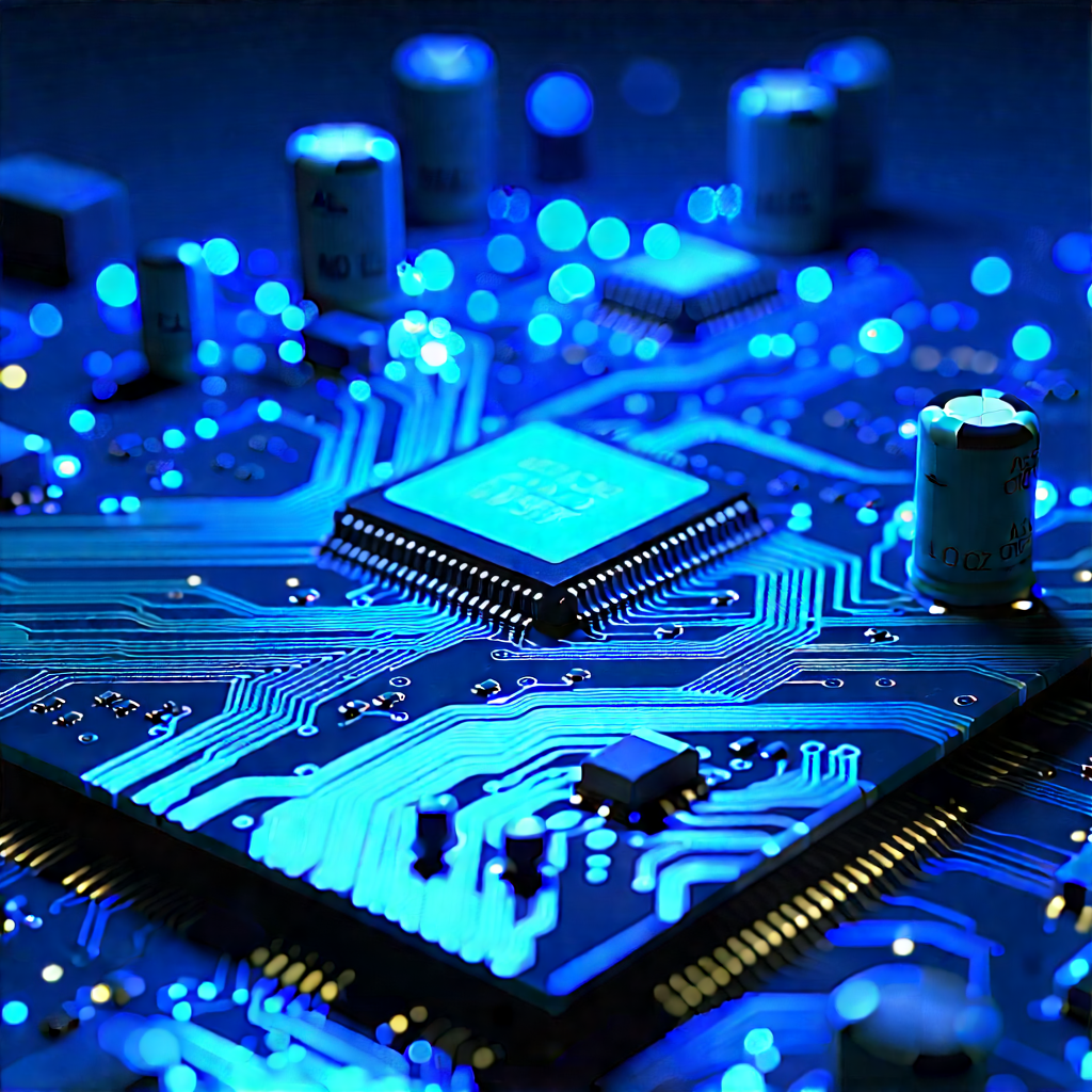 Circuit board with blue light (glow:1.49)