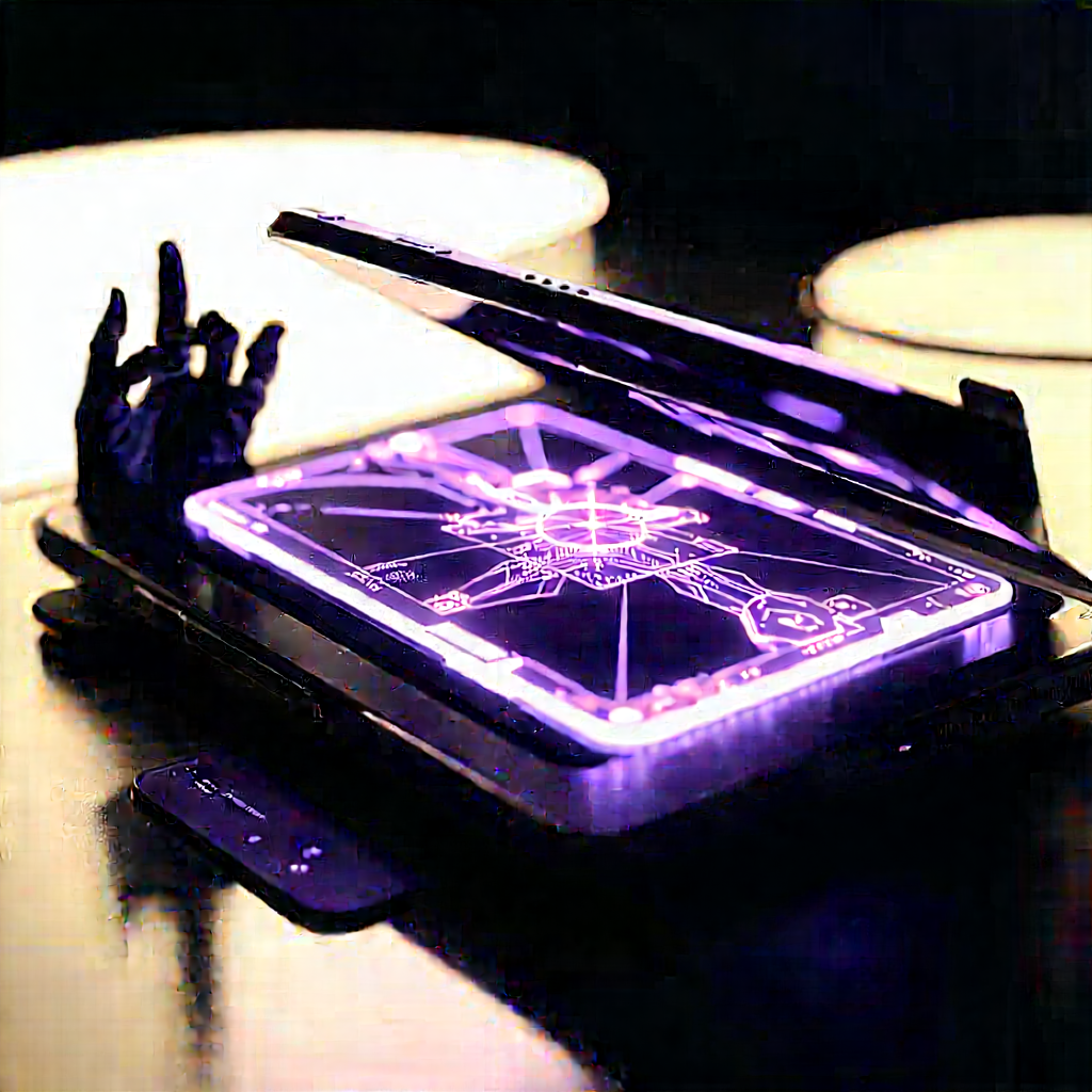 Tablet With Glowing Screen With Purple Laptop