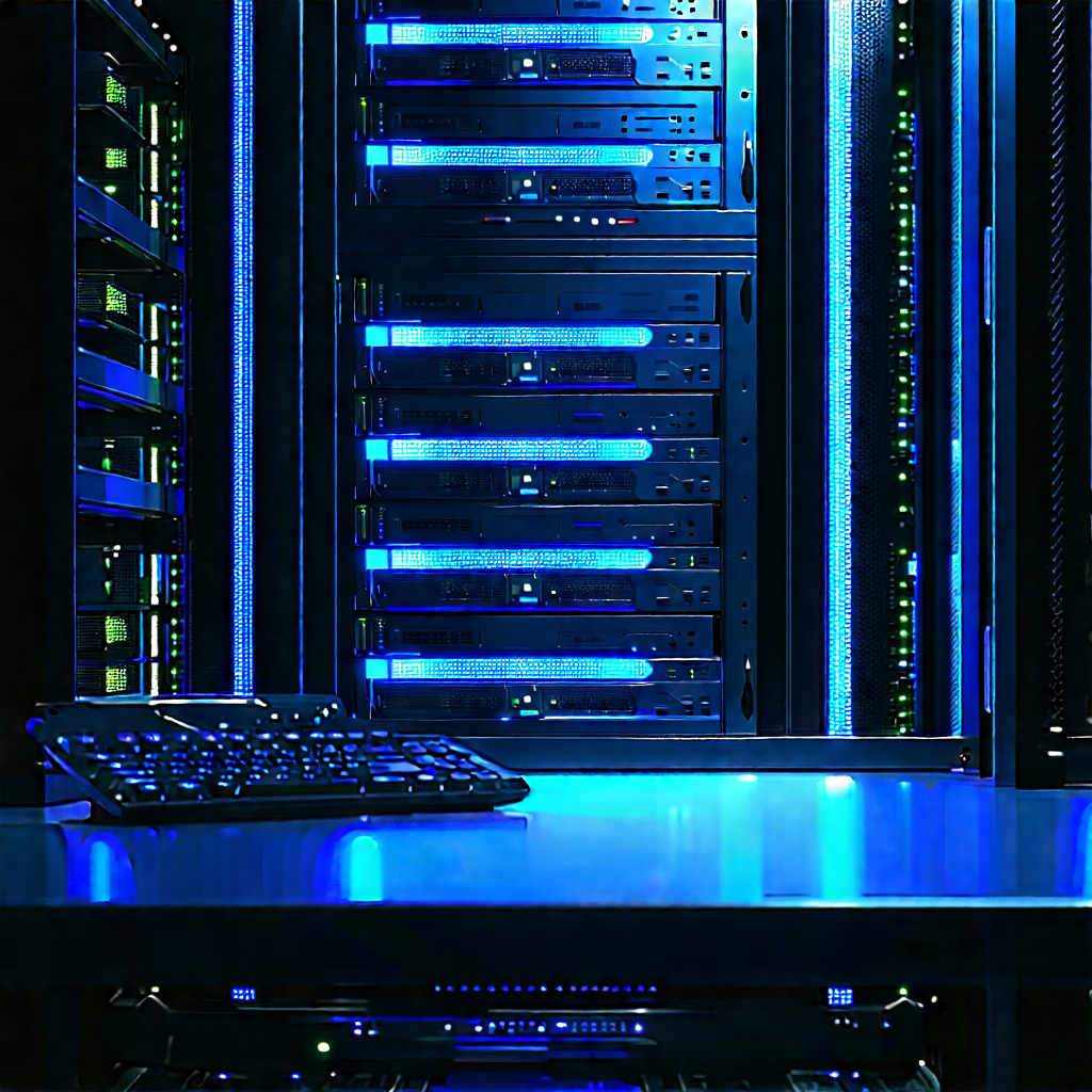 Server rack with blue light glow