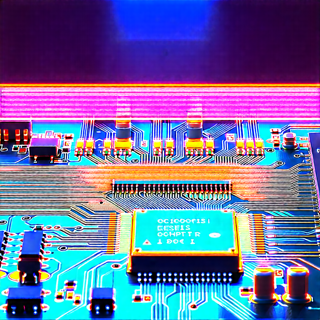 Circuit Board With Neon Accents With Close-up Computer