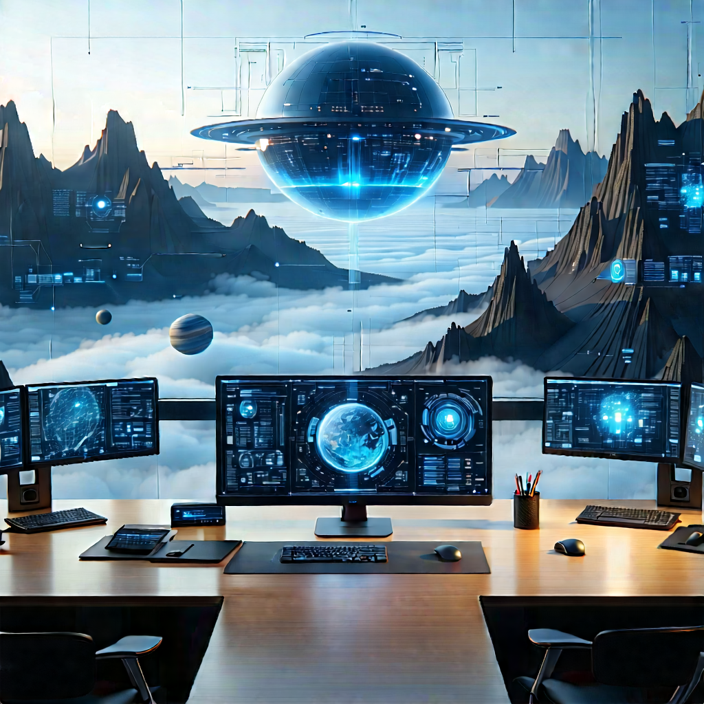 (futuristic:1.48) Digital Workspace With Large Computer