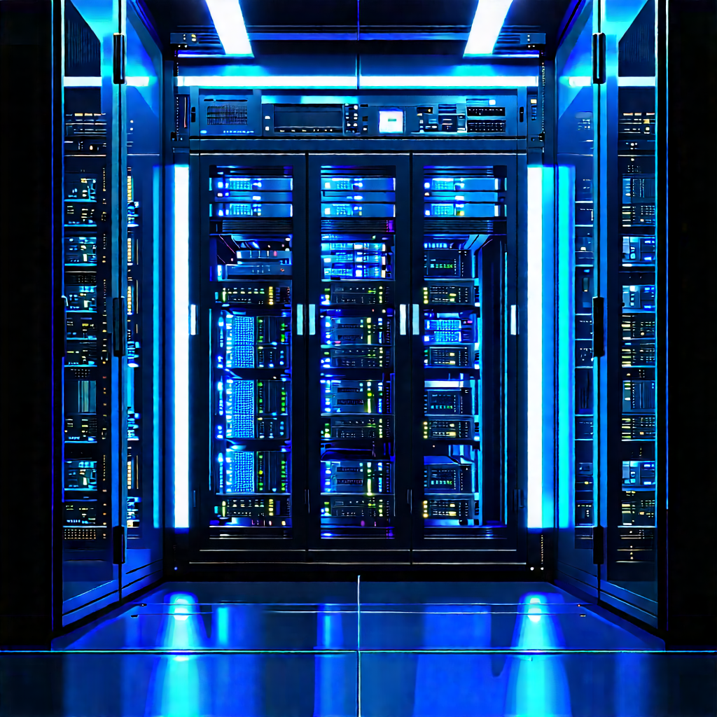 Server Rack With Blue Light Glow With Large Blue