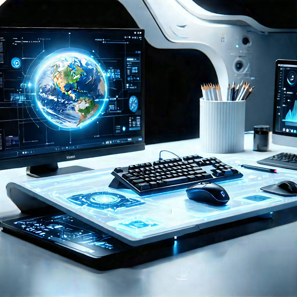 (futuristic:1.15) (digital:1.25) Workspace With Desk Computer