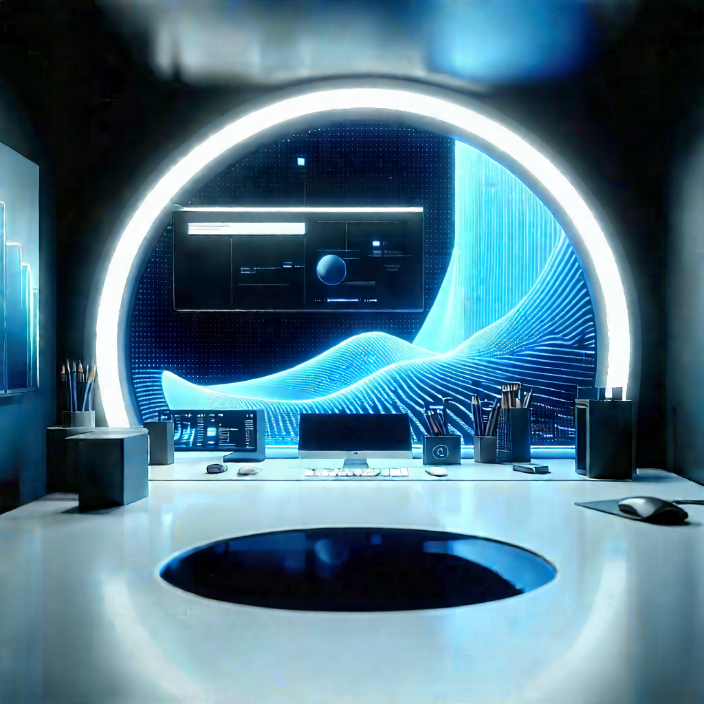 Futuristic (digital:1.25) Workspace With Image, There