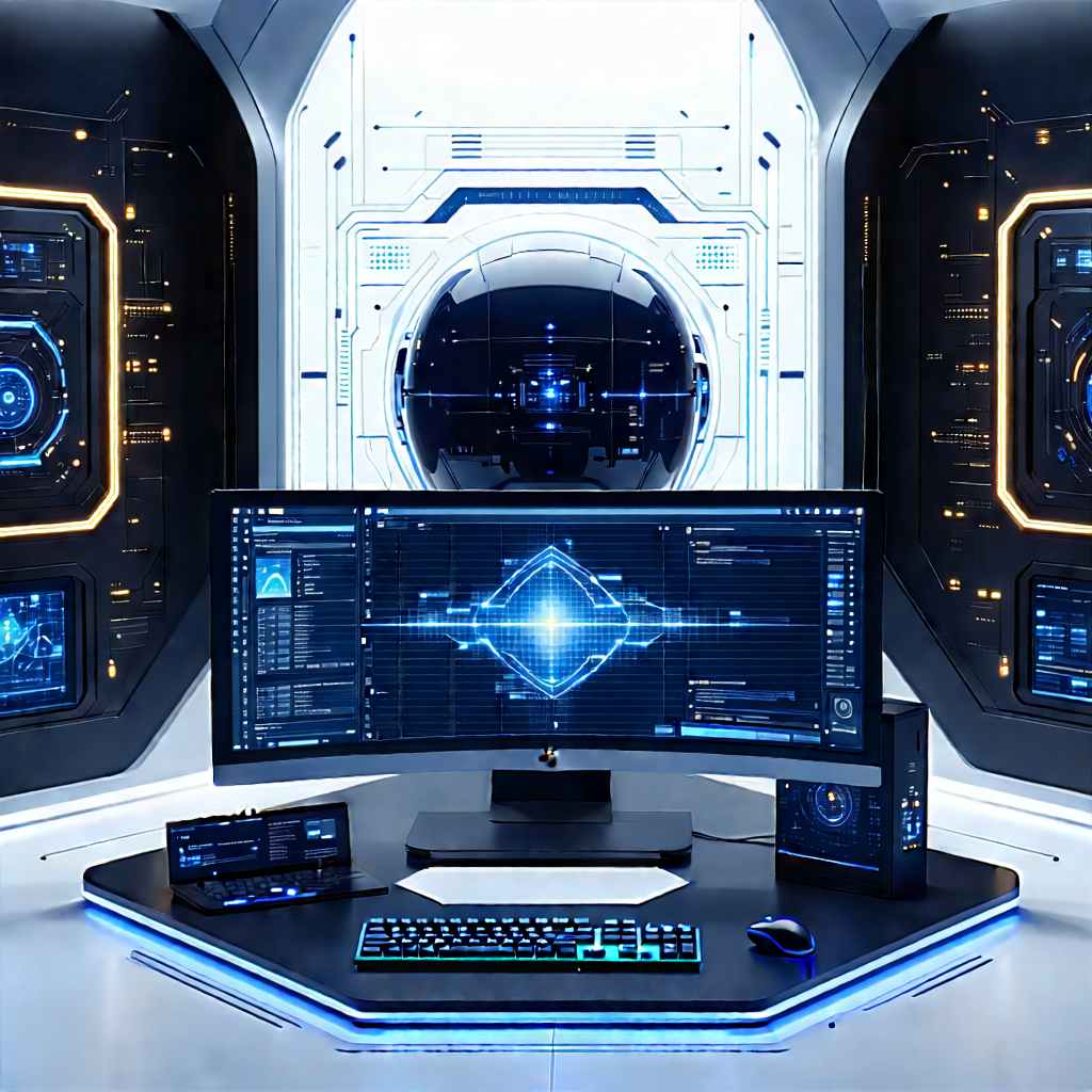 (futuristic:1.3) Digital Workspace With Large Computer