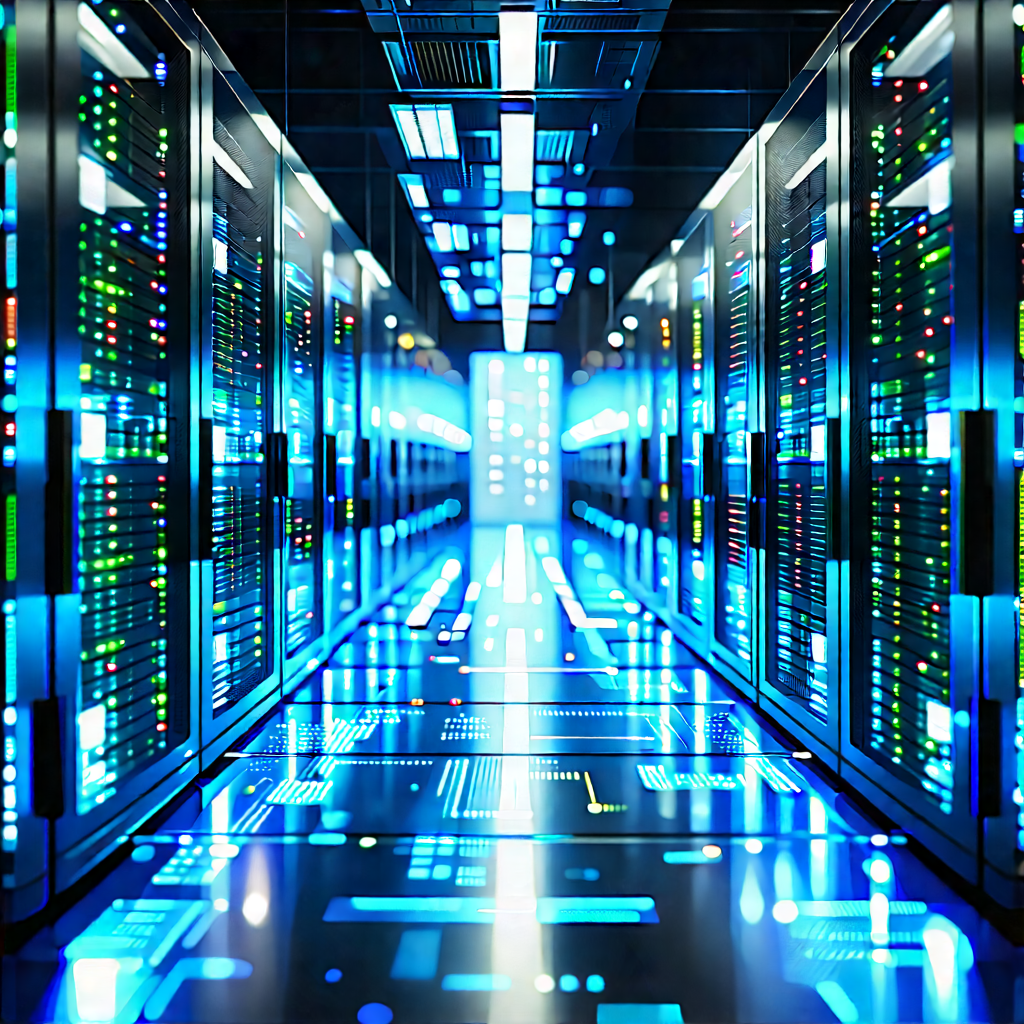 Server Rack With Data Streams With Large, Blue-lit