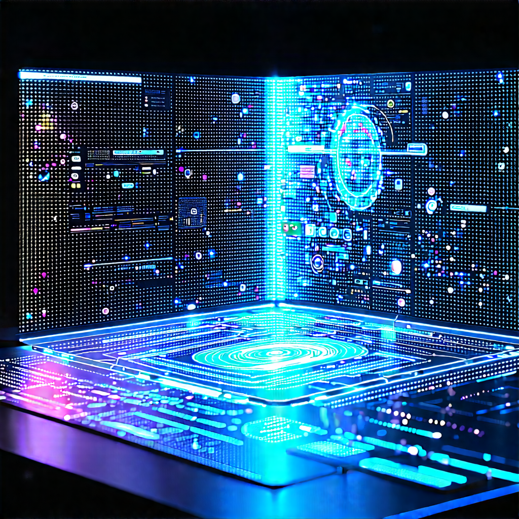 Futuristic (digital:1.4) Workspace With Futuristic Display