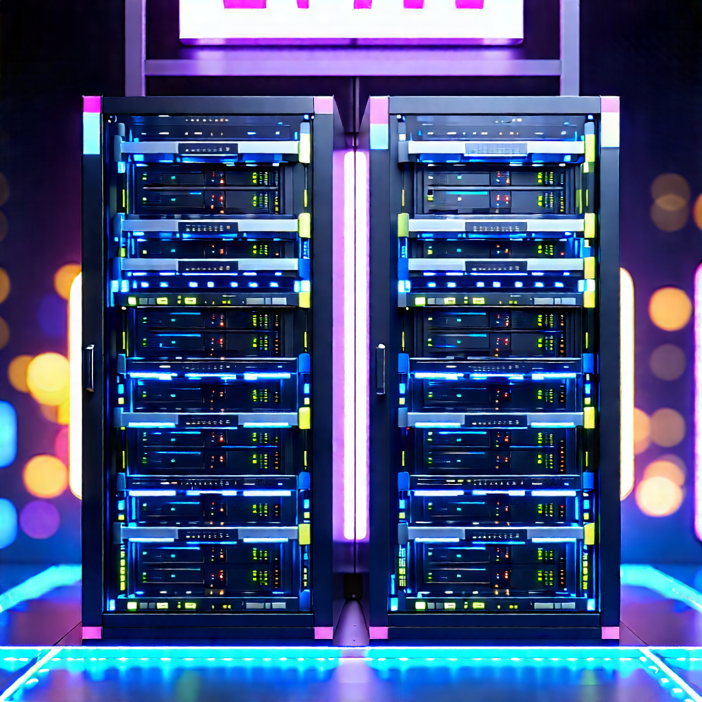 Server Rack With Neon Accents With Large, Multi-layered