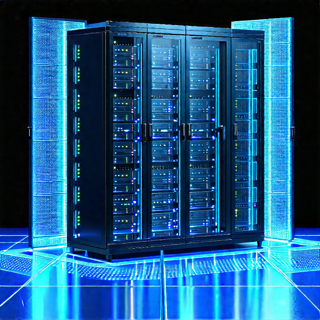 Server Rack With Holographic Projection With Large Blue