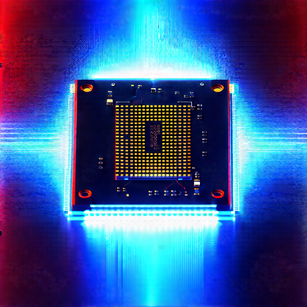 Microchip With Blue Light Glow With Close-up Computer