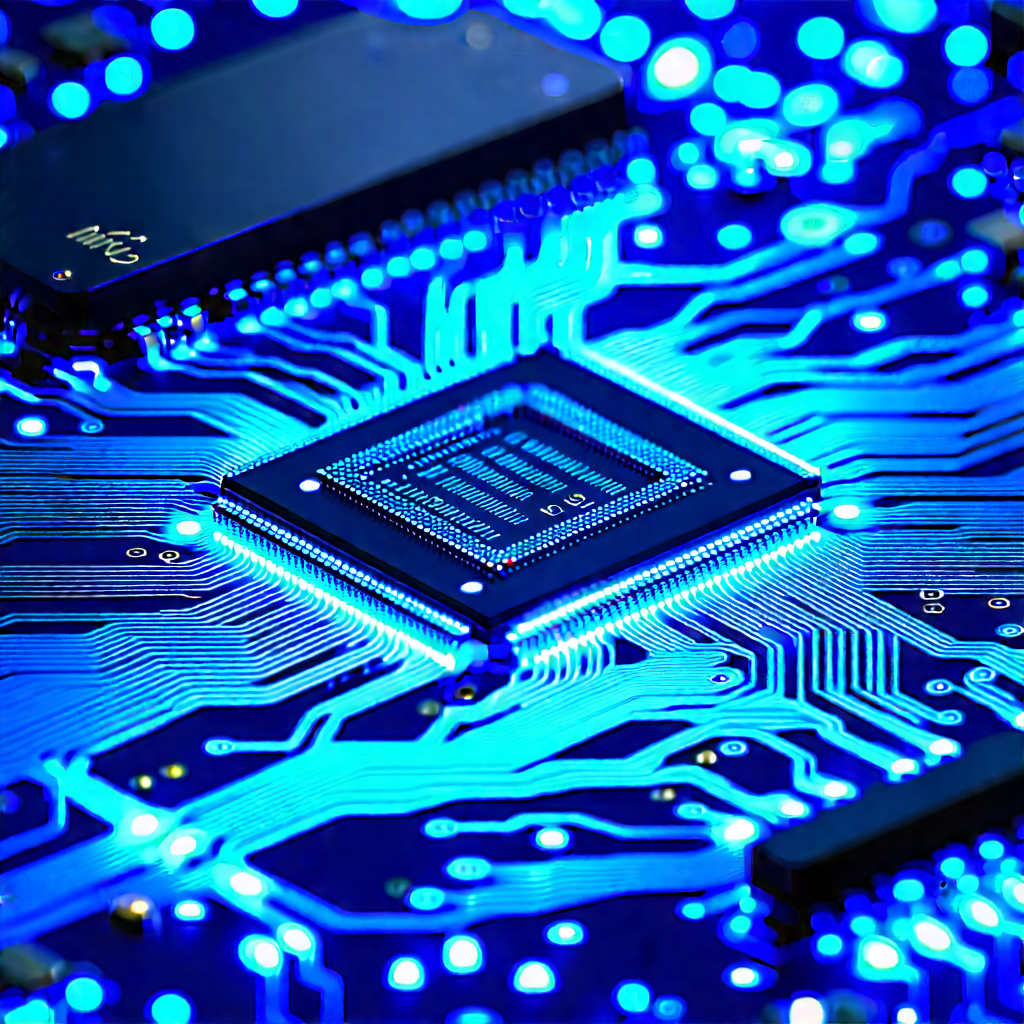 Circuit board with blue light glow