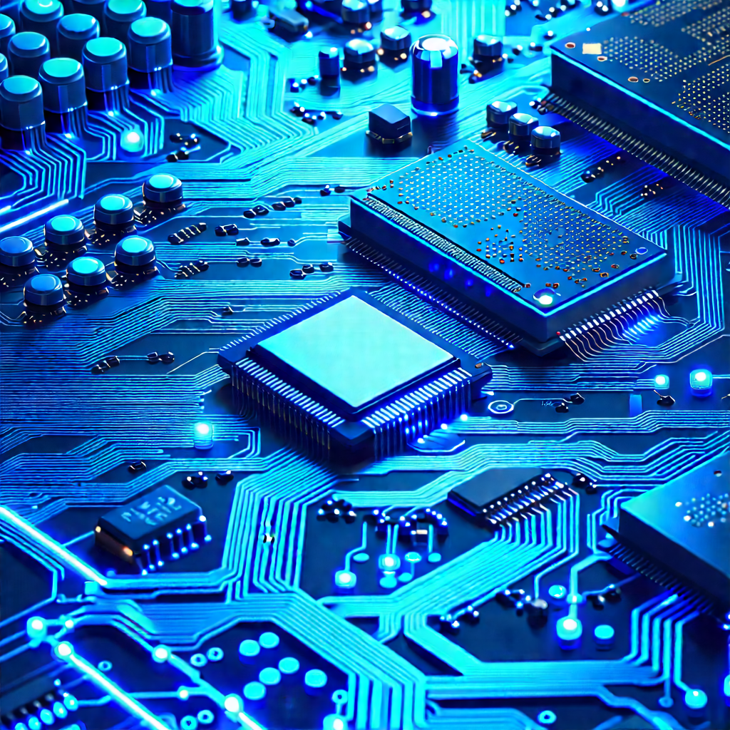 Circuit board with blue light (glow:1.23)