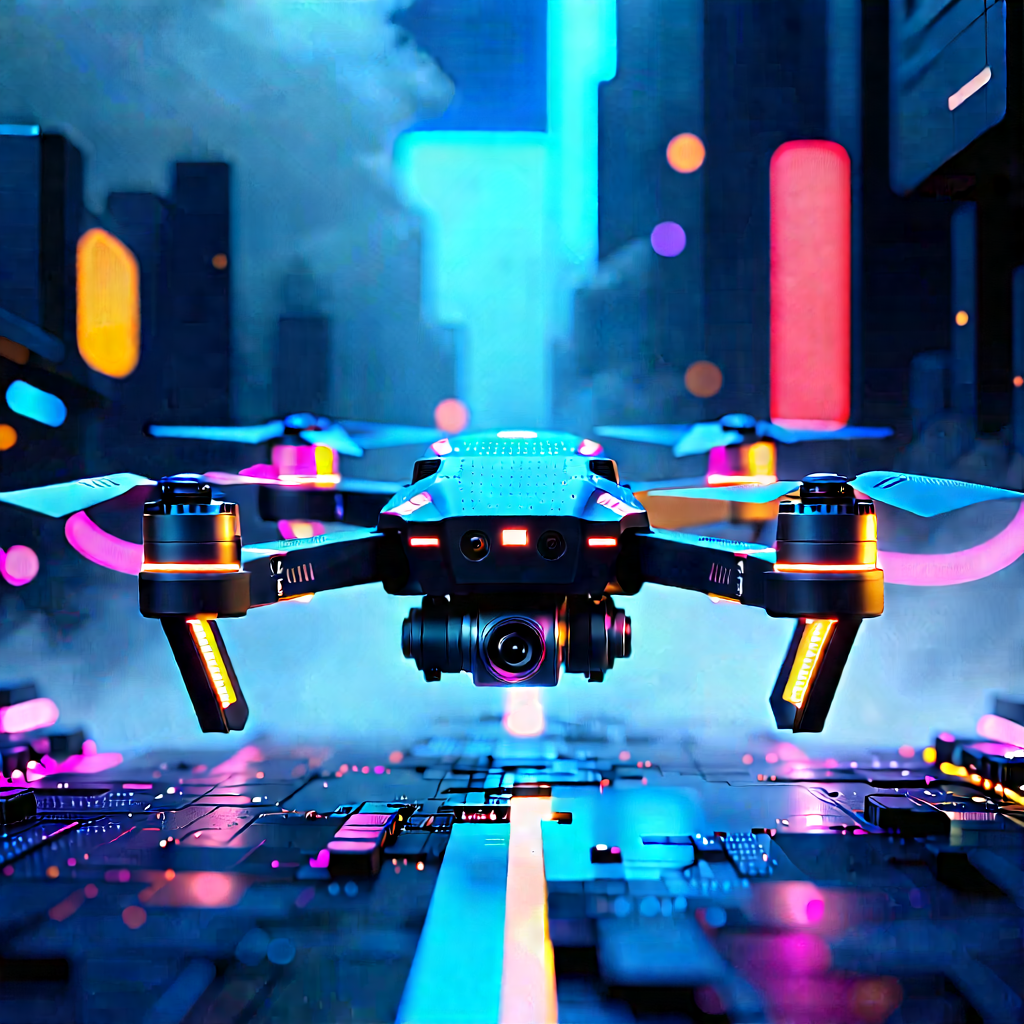 Drone With Streaming Content With Futuristic Cityscape