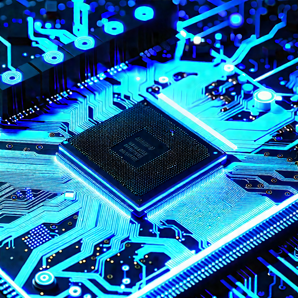 Circuit board with blue light glow
