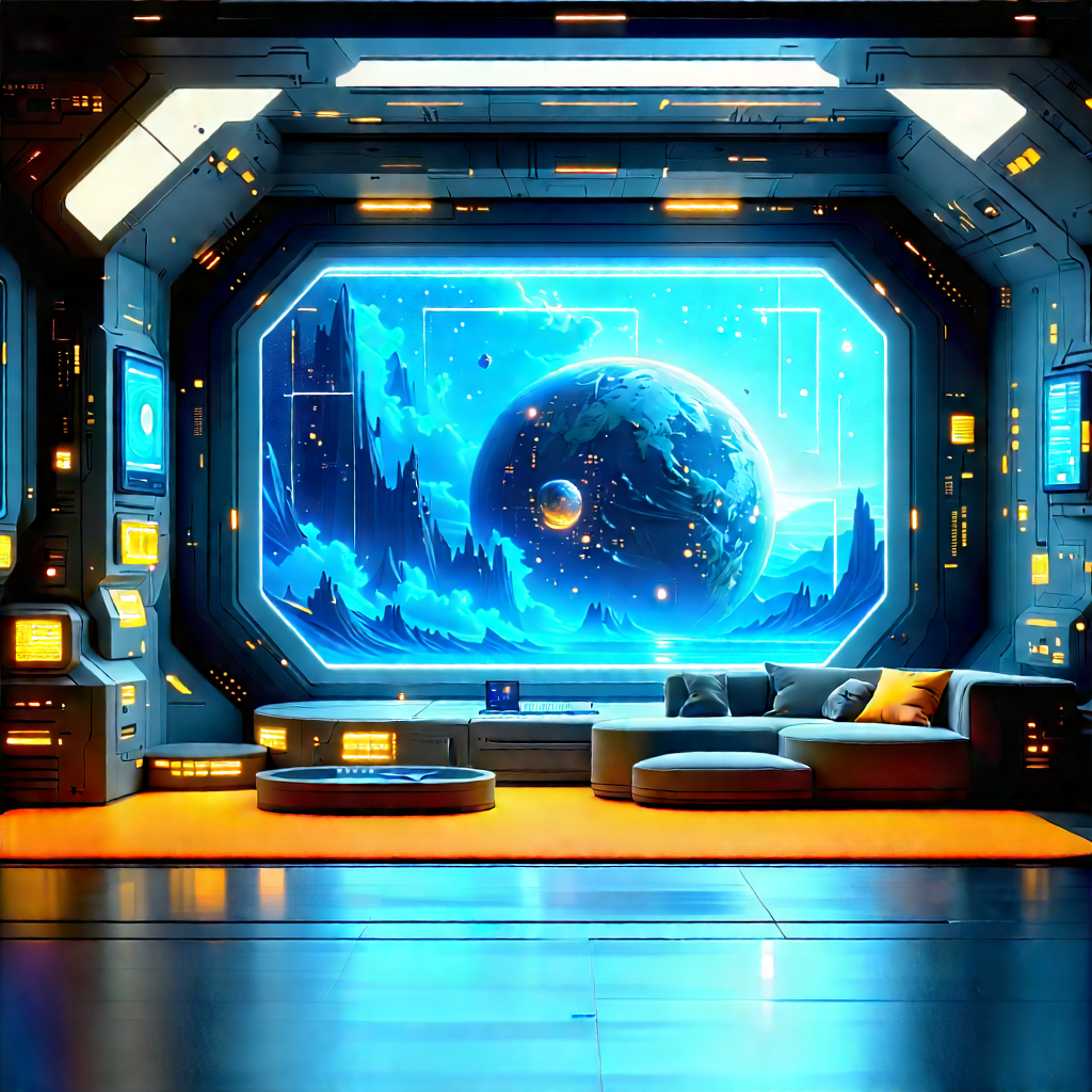 (futuristic:1.38) Tech Startup Office With Futuristic Setting,