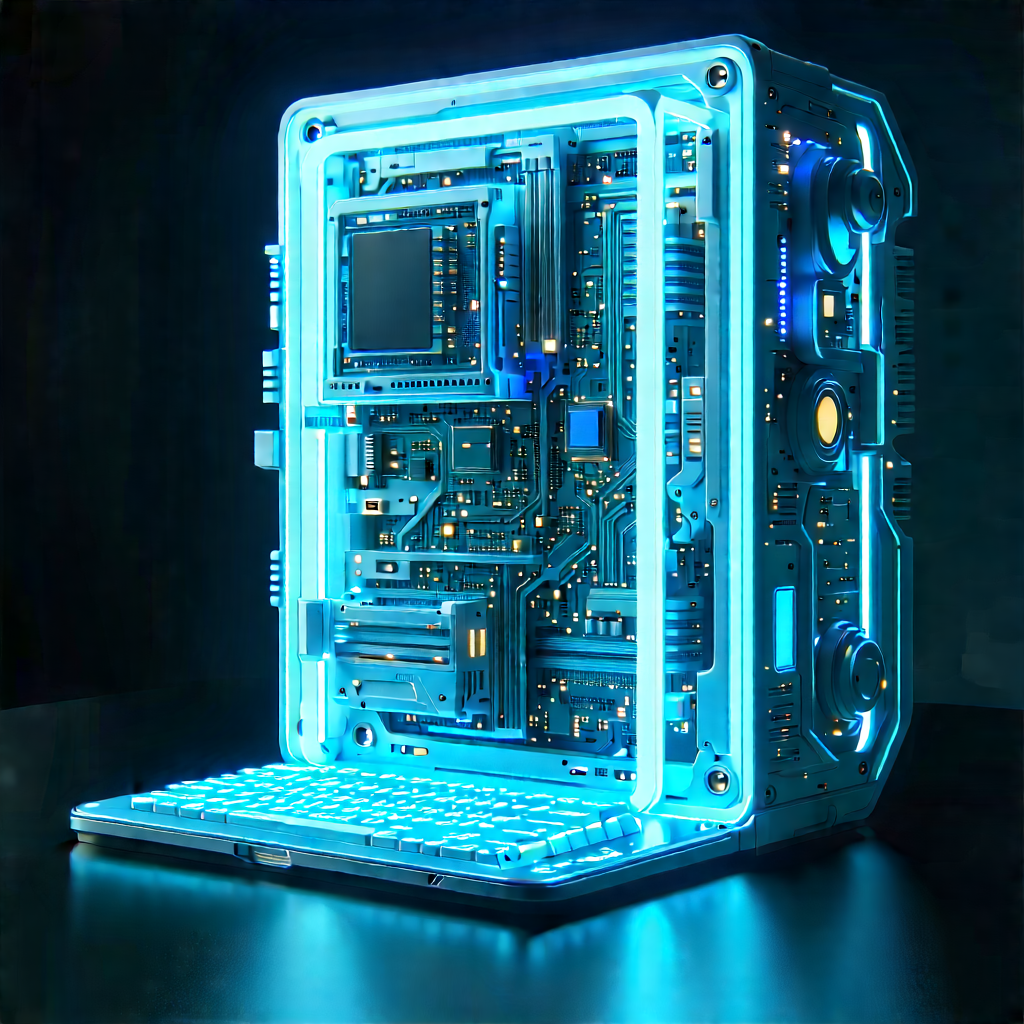 Quantum Computer With Neon Accents With Blue White