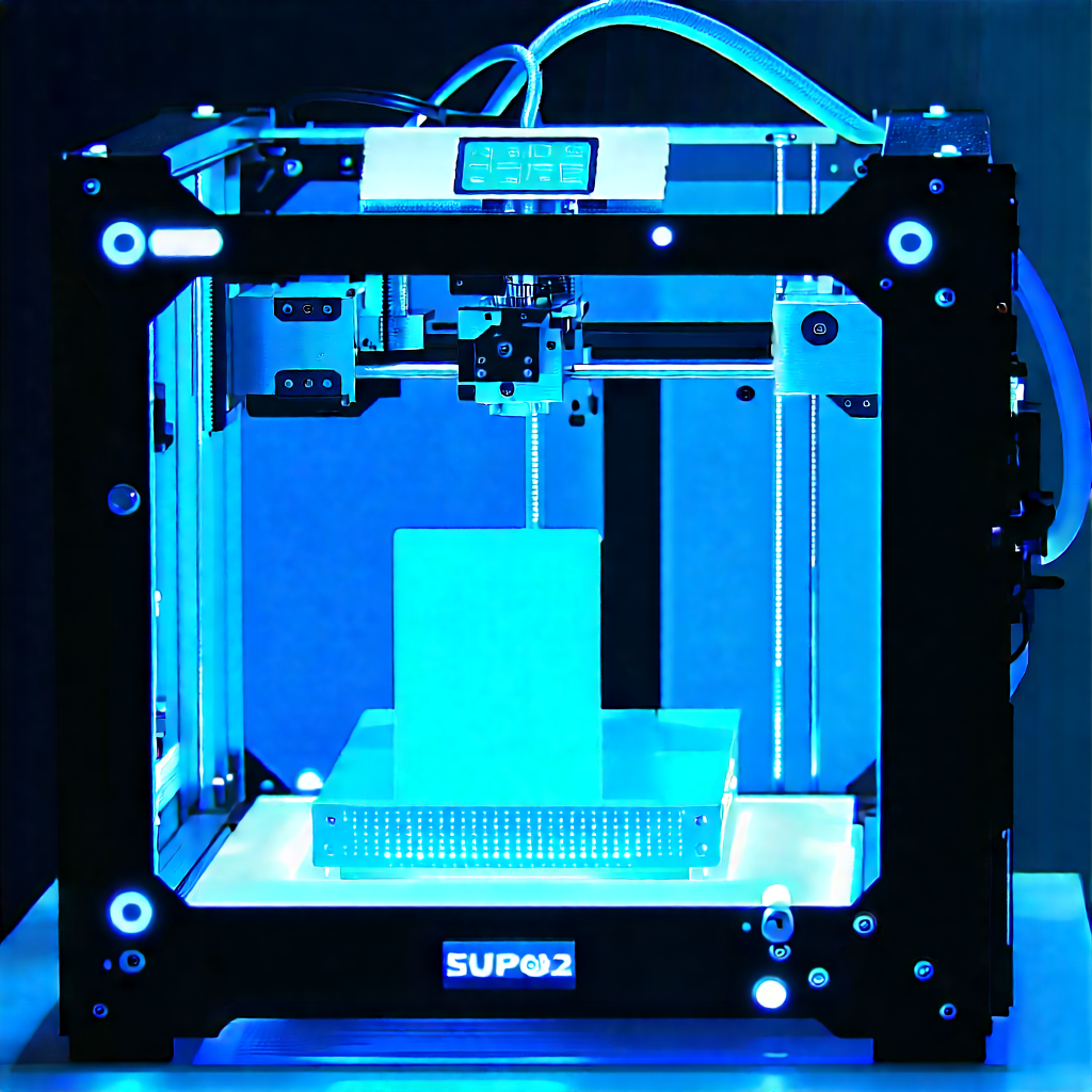 3d Printer With Blue Light Glow With Printer Shown