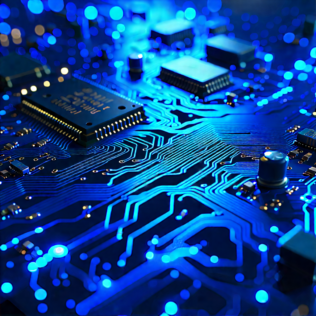 Circuit board with blue light (glow:1.23)