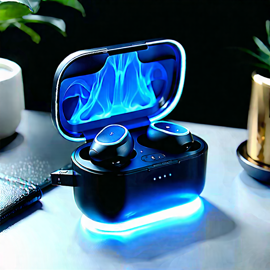 Wireless Earbuds With Holographic Display With Blue Black