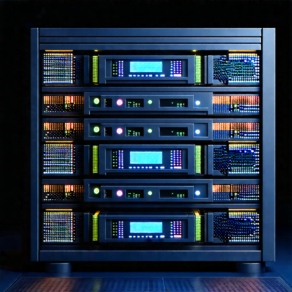 Server Rack With Digital Particles With Black Blue
