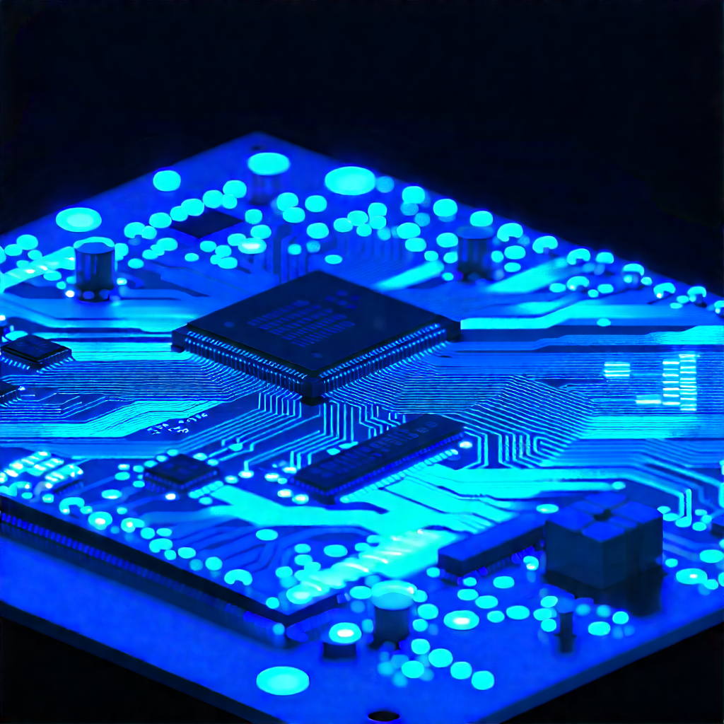 Circuit board with blue light (glow:1.31)