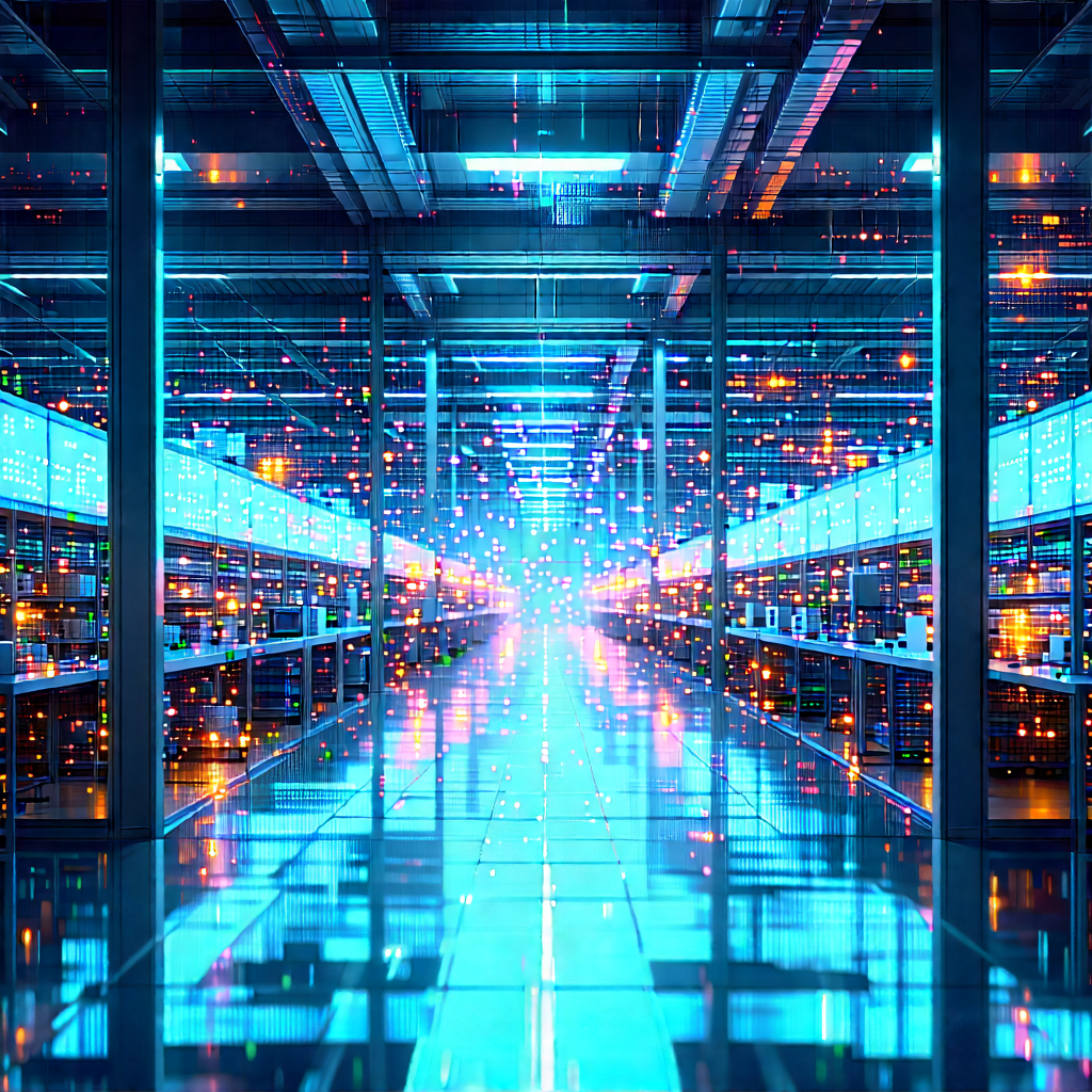 Financial Technology In Manufacturing Facility With Large, Blue-lit