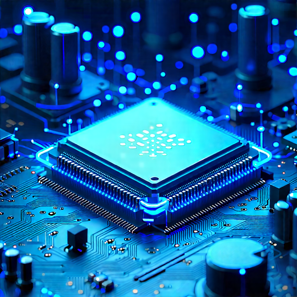 Circuit board with blue light (glow:1.36)