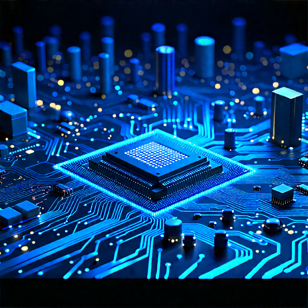 Circuit Board With Digital Particles With Blue White
