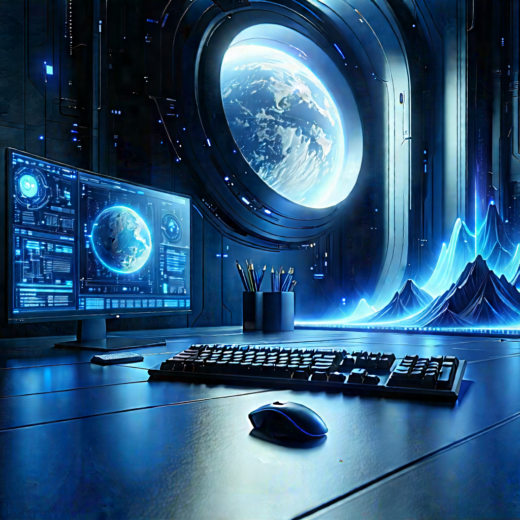 (futuristic:1.23) Digital Workspace With Futuristic Scene,