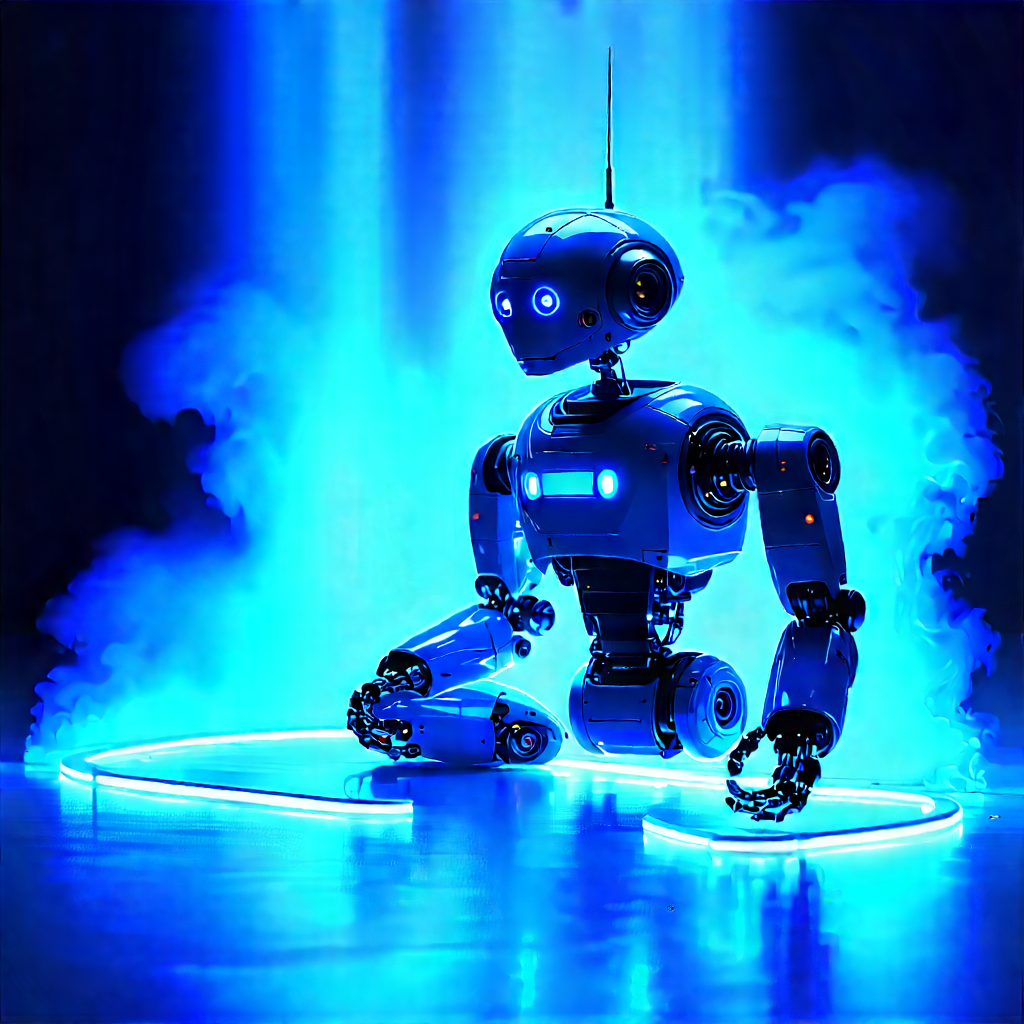 Robot With Blue Light (glow:1.38) With Robot Sitting