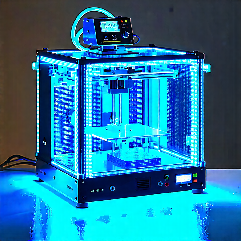 3d printer with blue light glow