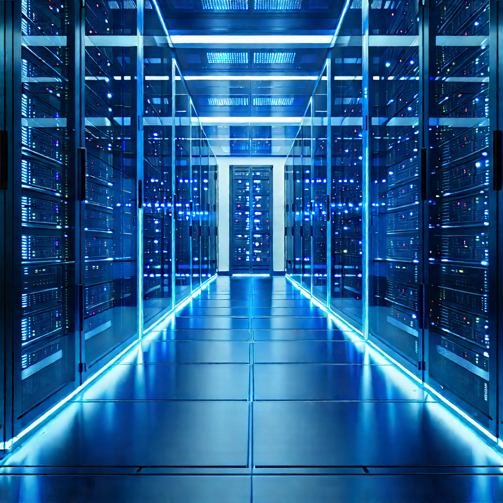 Server Rack With Blue Light Glow With Large Room