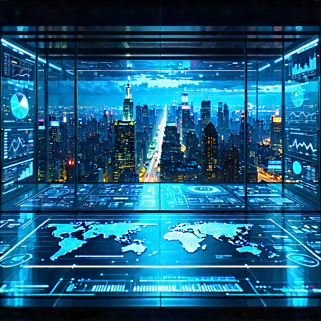 Financial Technology In Tech Office With Futuristic Cityscape