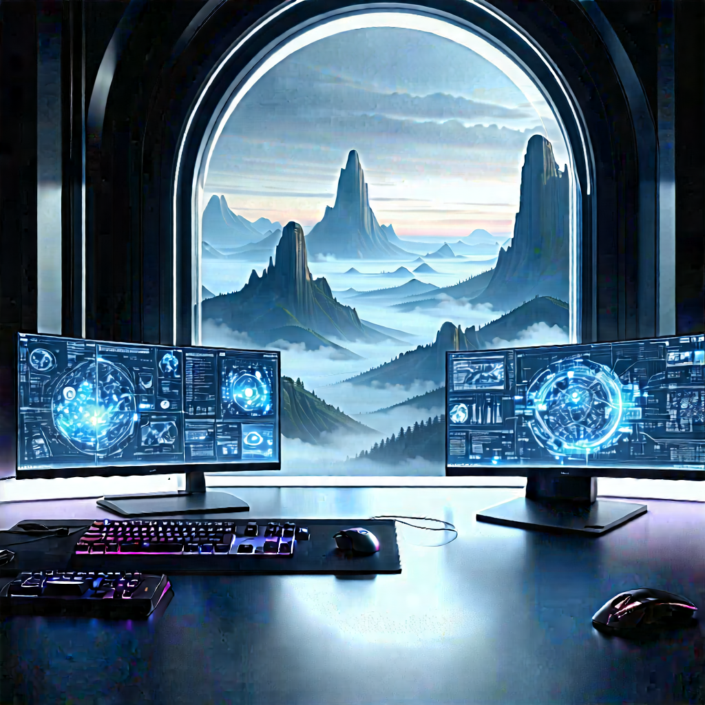 Futuristic (digital:1.46) Workspace With Computer Desk