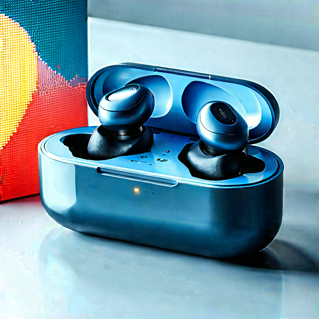 Wireless Earbuds With Digital Artwork With Blue Case