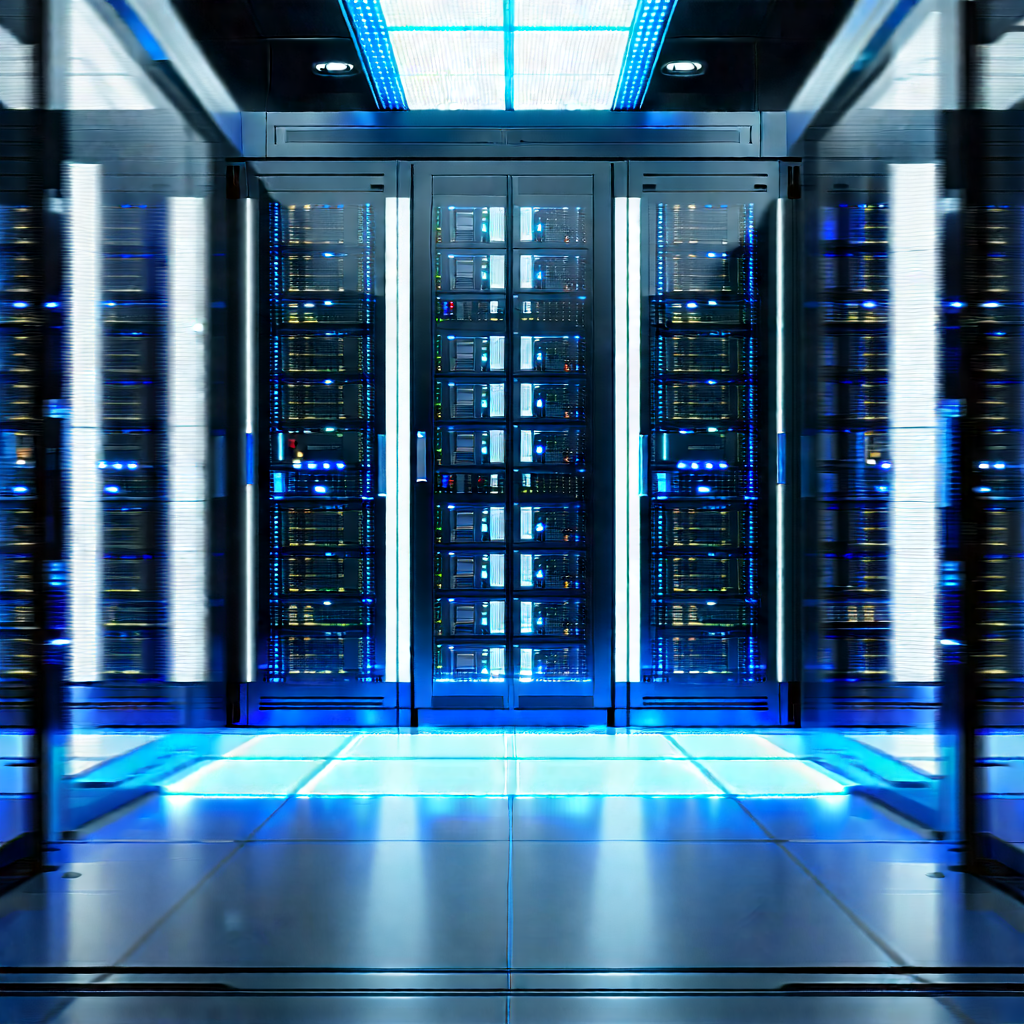 Futuristic Server Room With Large Blue