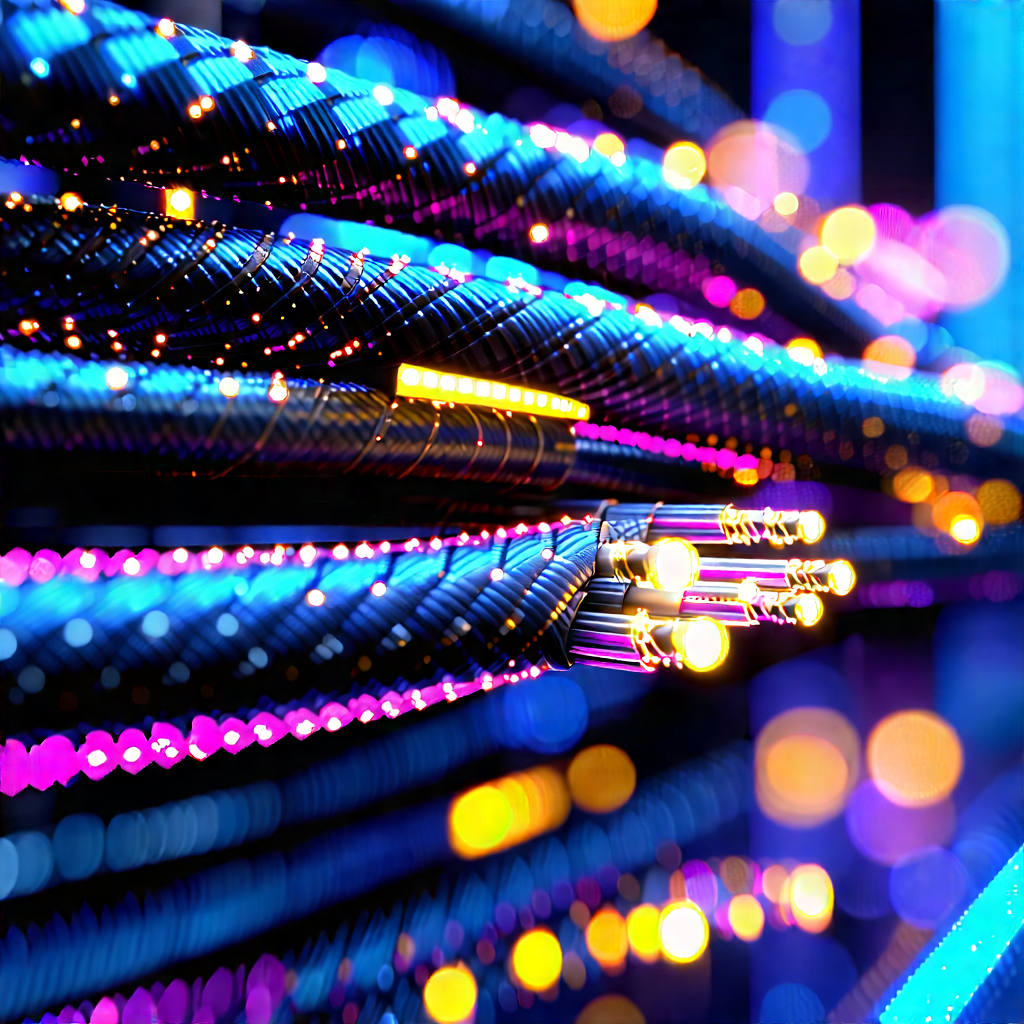 Close-up Of Fiber Optic Cables With Blue Wire