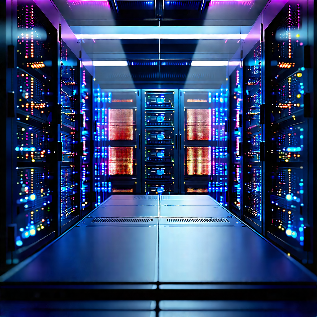 Server Rack With Digital Particles With Large Computer