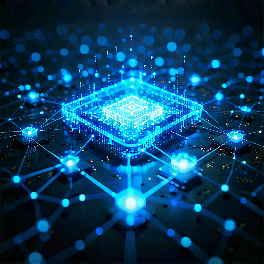 Blockchain Network Visualization With Blue, Three-dimensional
