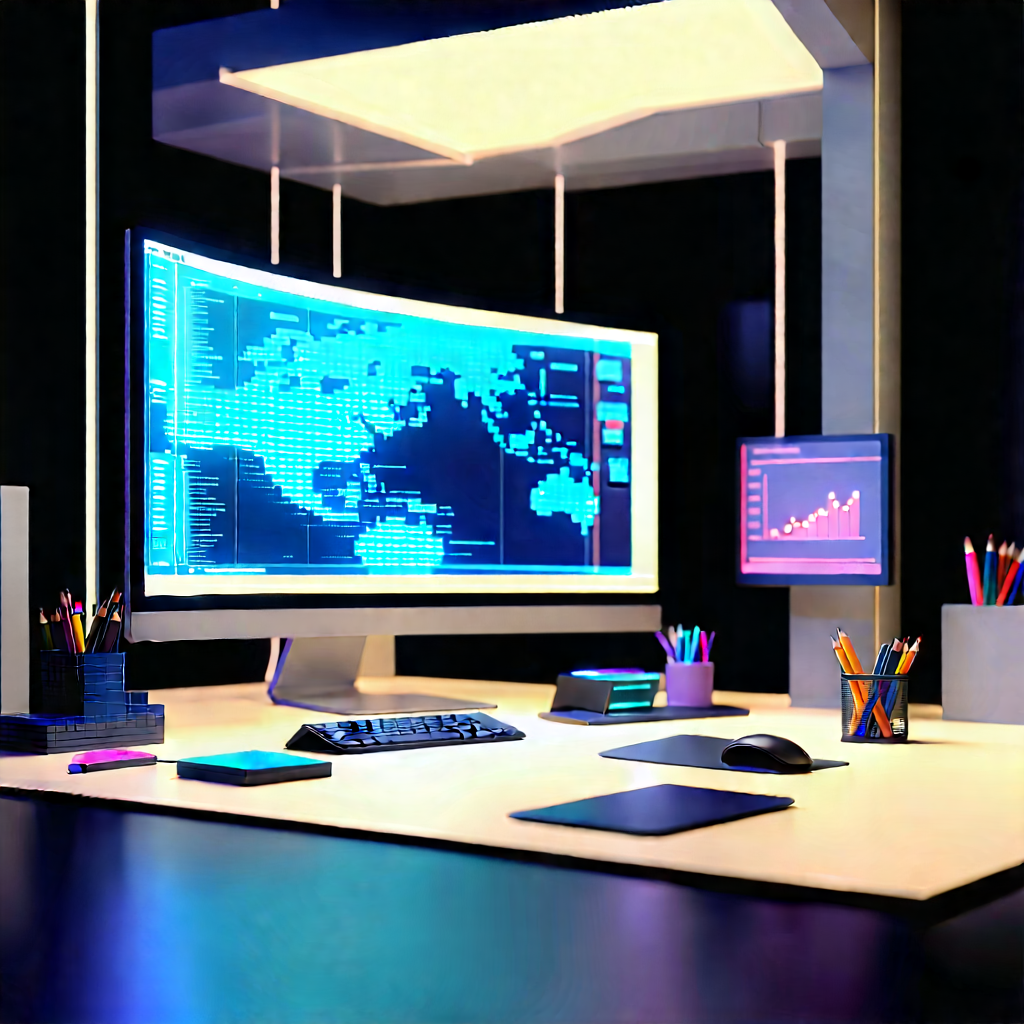 (futuristic:1.21) Digital Workspace With Large Computer