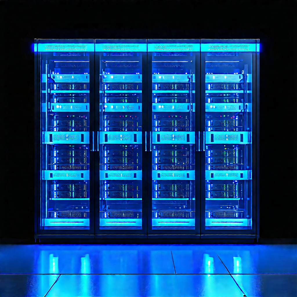 Server Rack With Blue Light Glow With Large Blue