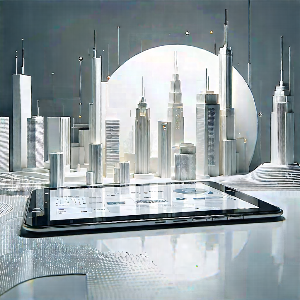 Tablet With Data Visualization With Large Cityscape