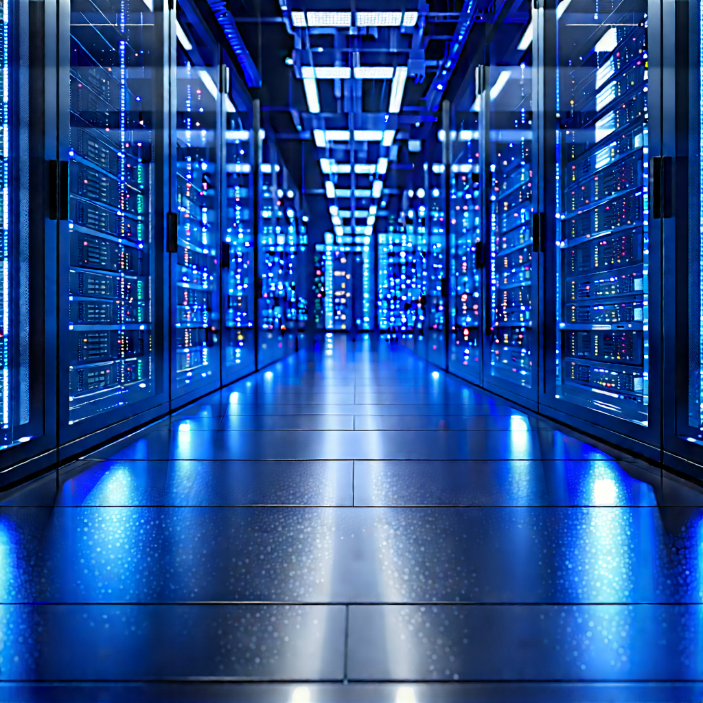 Server Rack With Blue Light Glow With Large Room