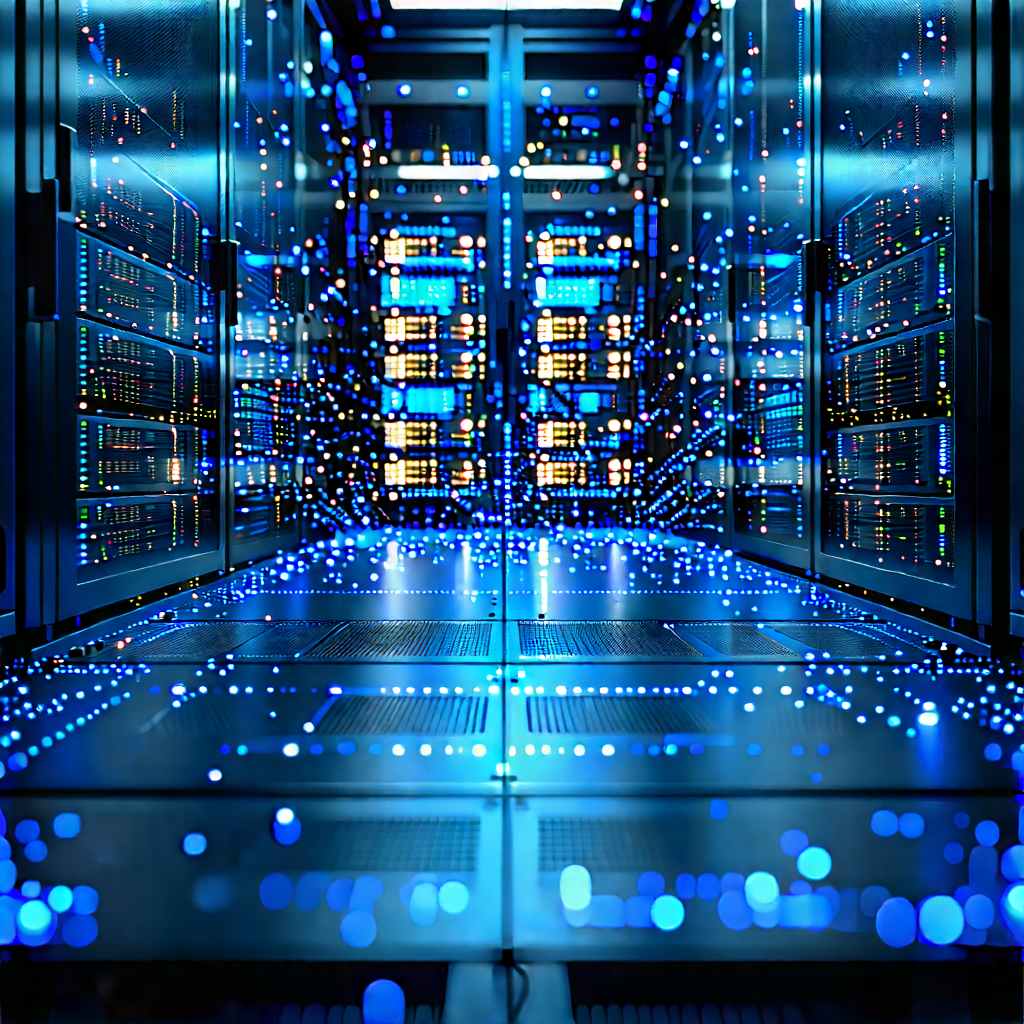 Server Rack With Digital Particles With Blue White