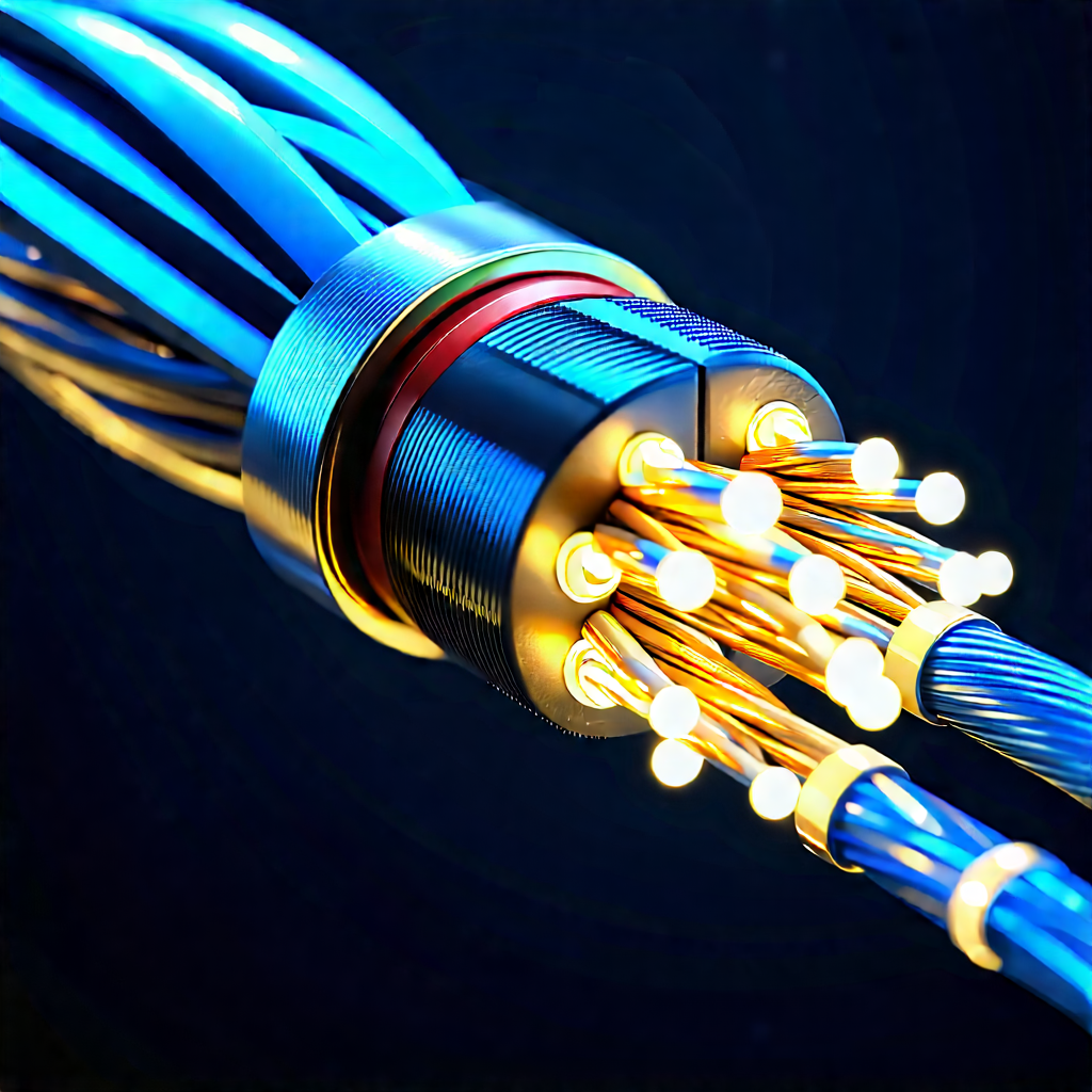 Close-up Of Fiber Optic Cables With Blue Wire