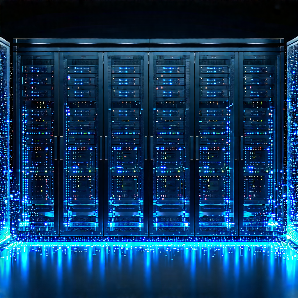 Server Rack With Digital Particles With Large Blue
