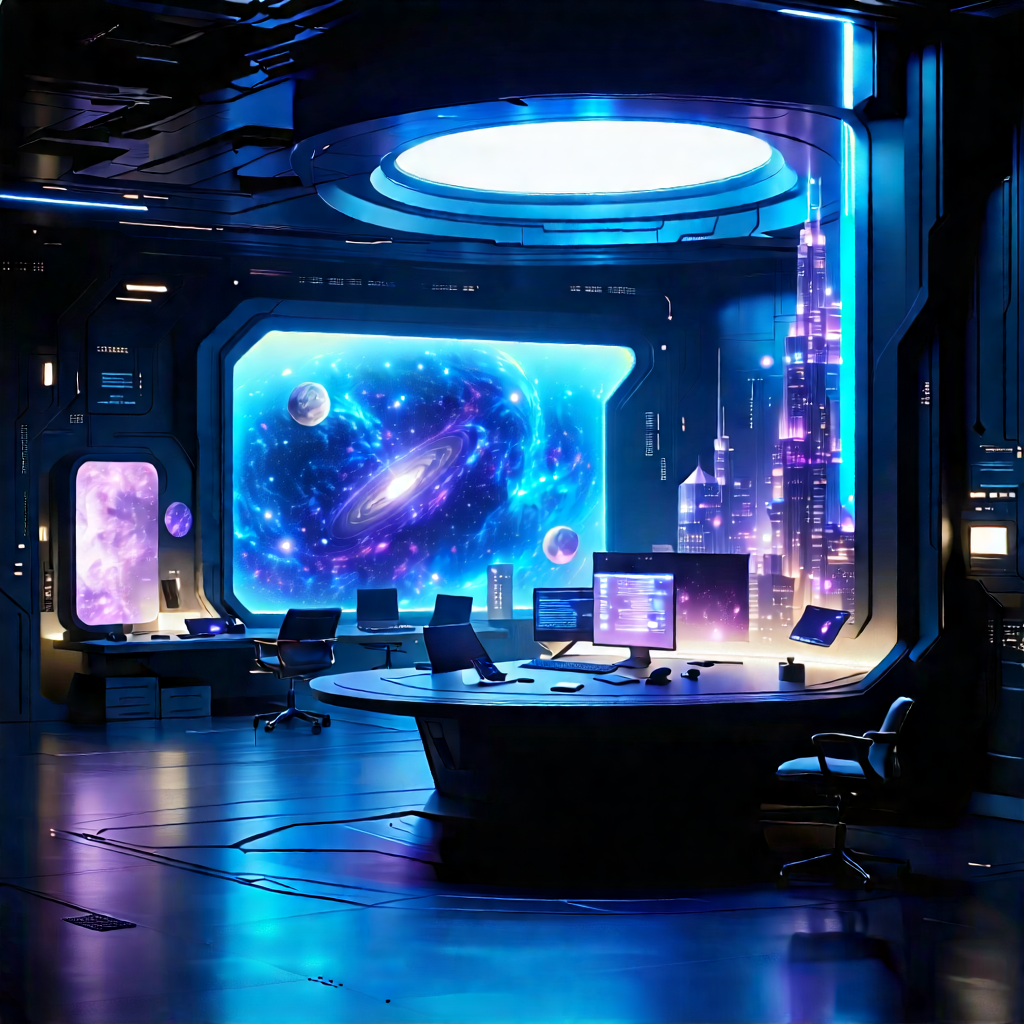 (futuristic:1.22) Tech Startup Office With Futuristic Setting,