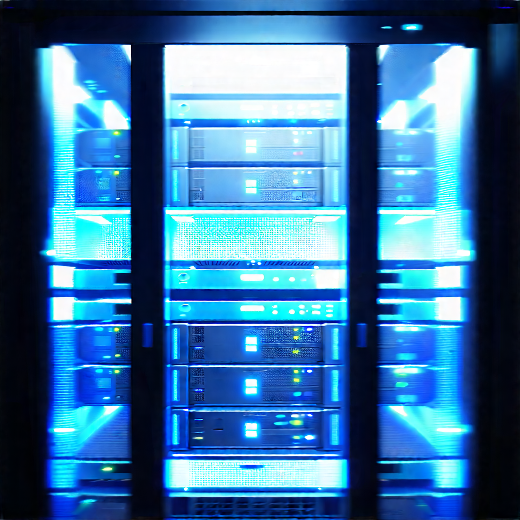 Server Rack With Blue Light Glow With Large Blue